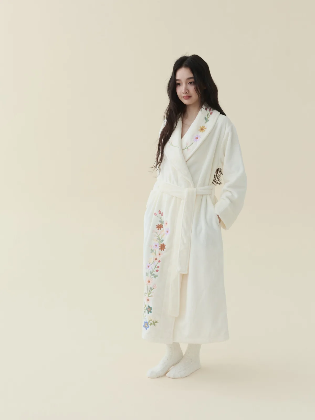 Ivory Embroidered Plush Robe, worn, full length