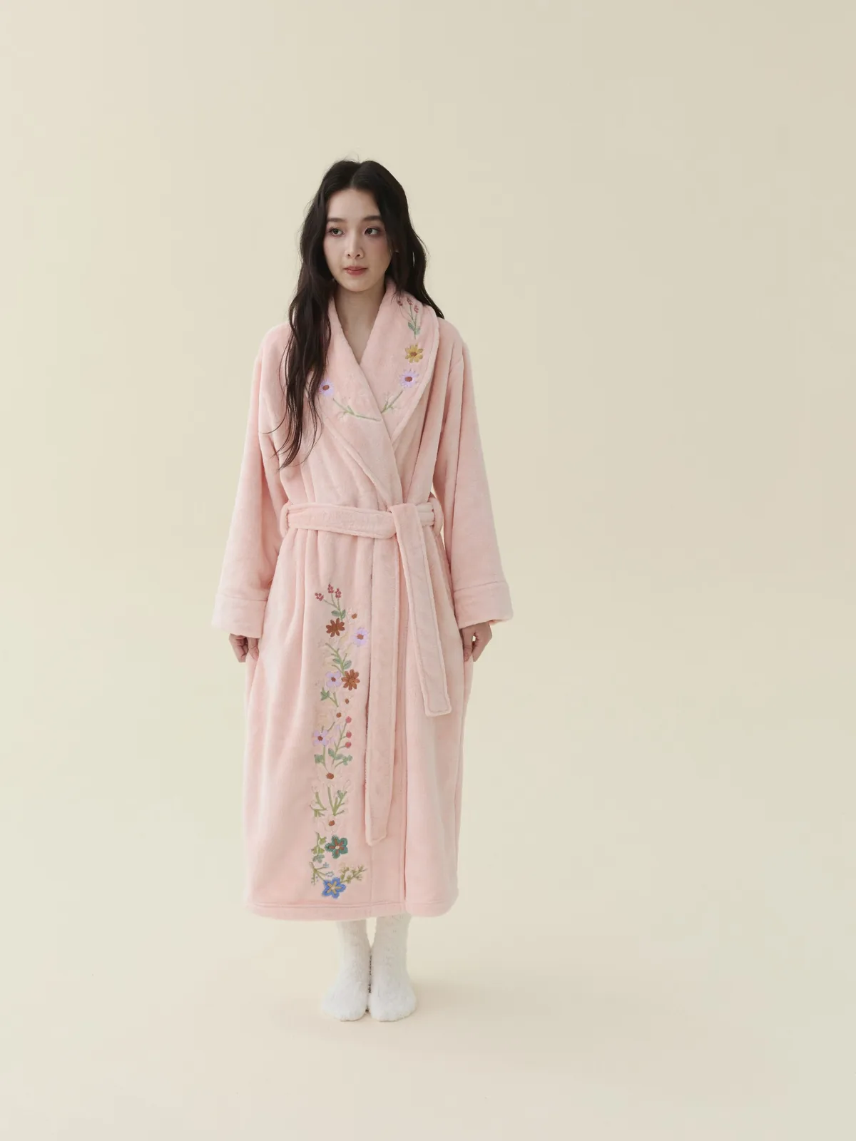 Blush Embroidered Plush Robe, 100% polyester plush fleece