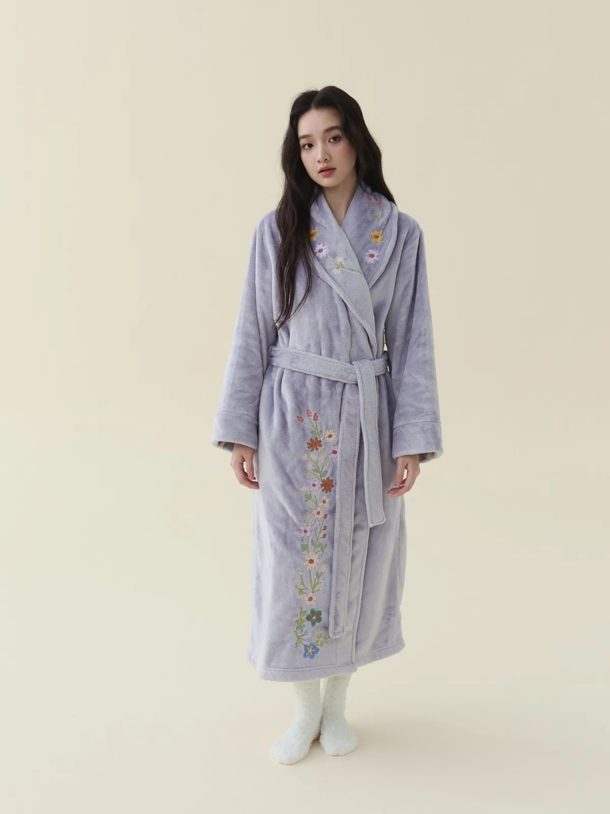 Lilac Embroidered Plush Robe, 100% polyester plush fleece
