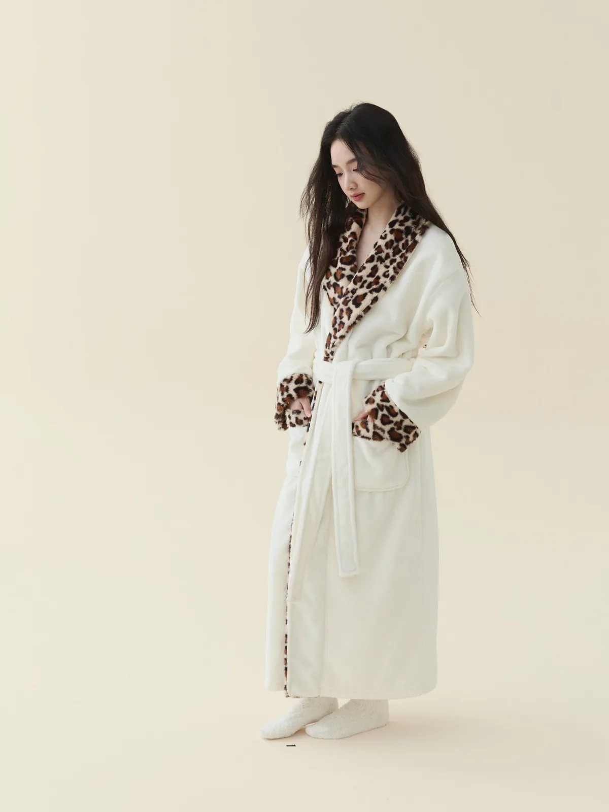 Ivory Leopard-Trim Robe, 100% polyester plush fleece