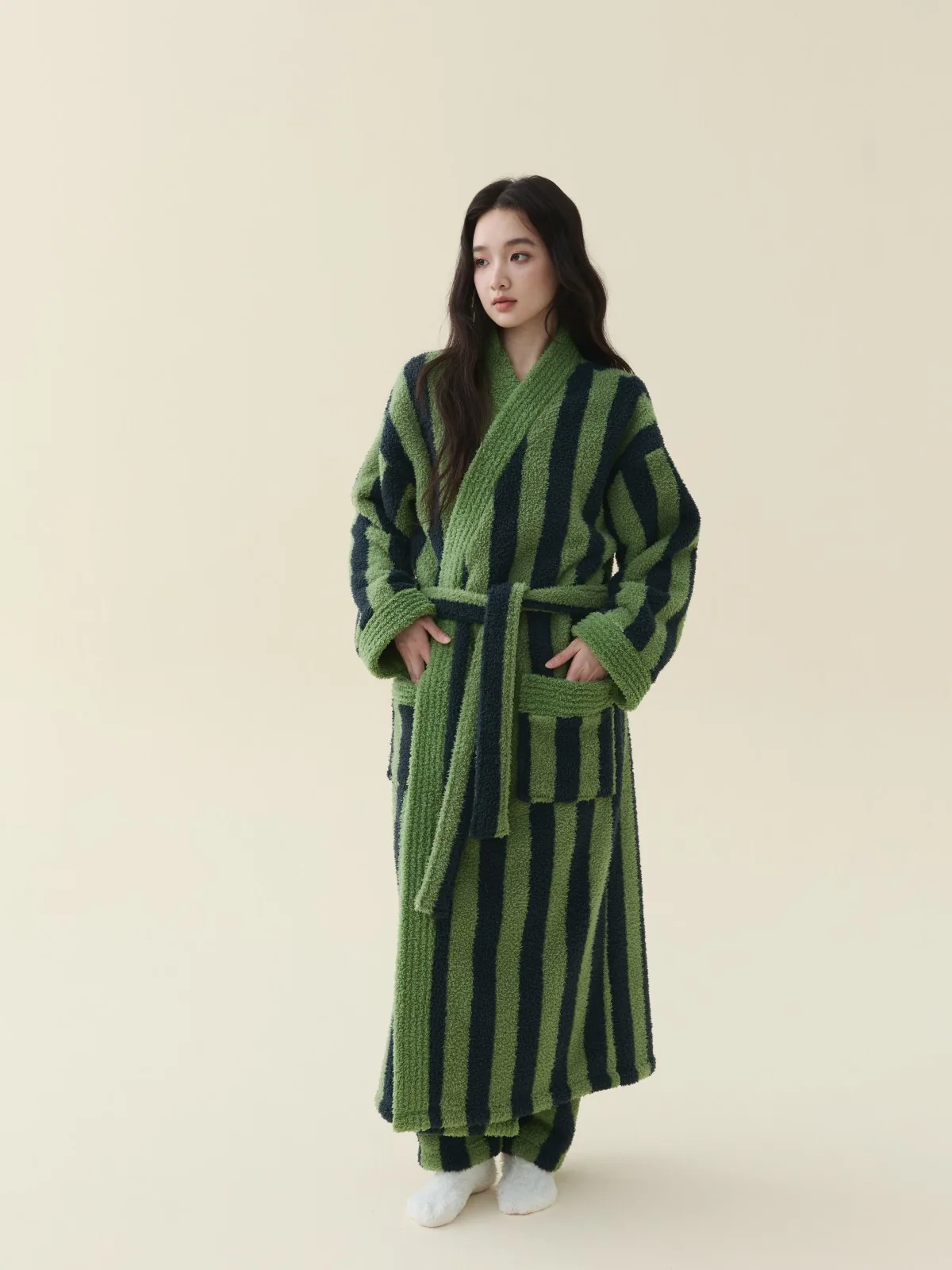 Forest Stripe Kimono Robe, 340 gsm plush fleece, 100% polyester