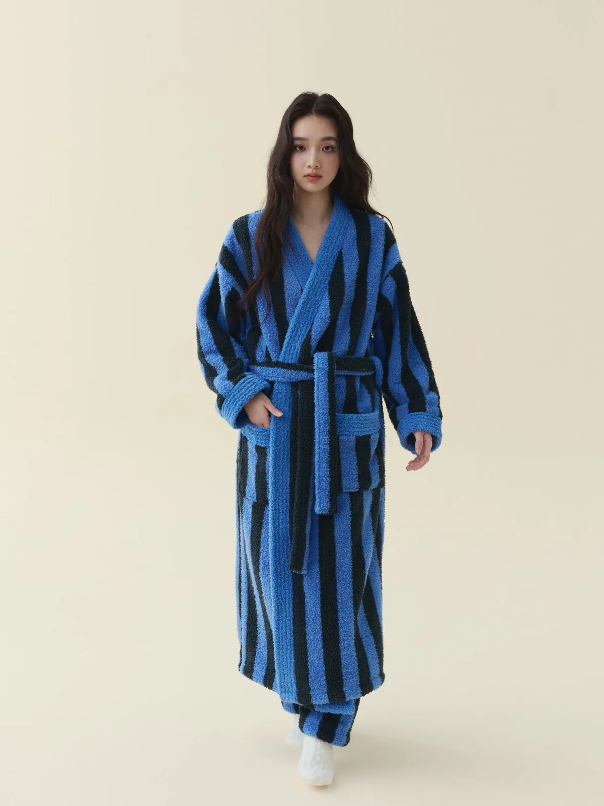 Cobalt Stripe Kimono Robe, 340 gsm plush fleece, 100% polyester