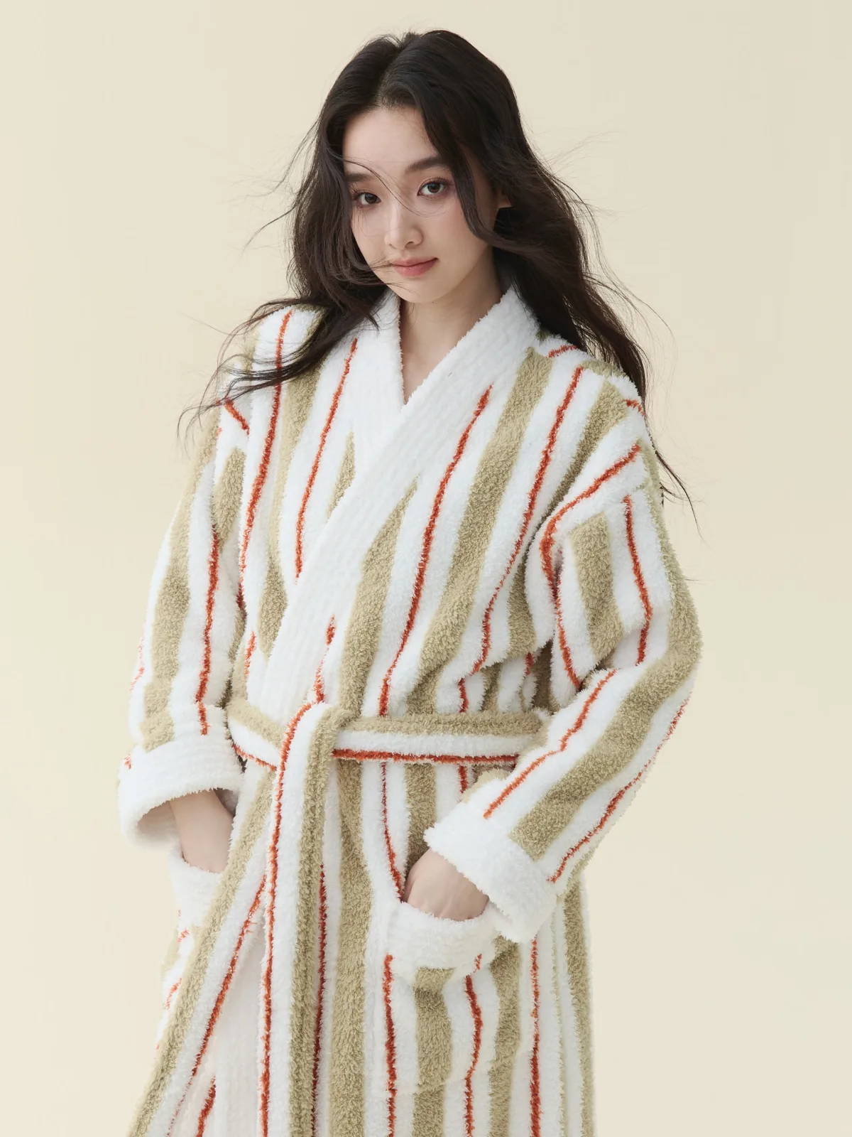 Cream Stripe Kimono Robe, detail 1