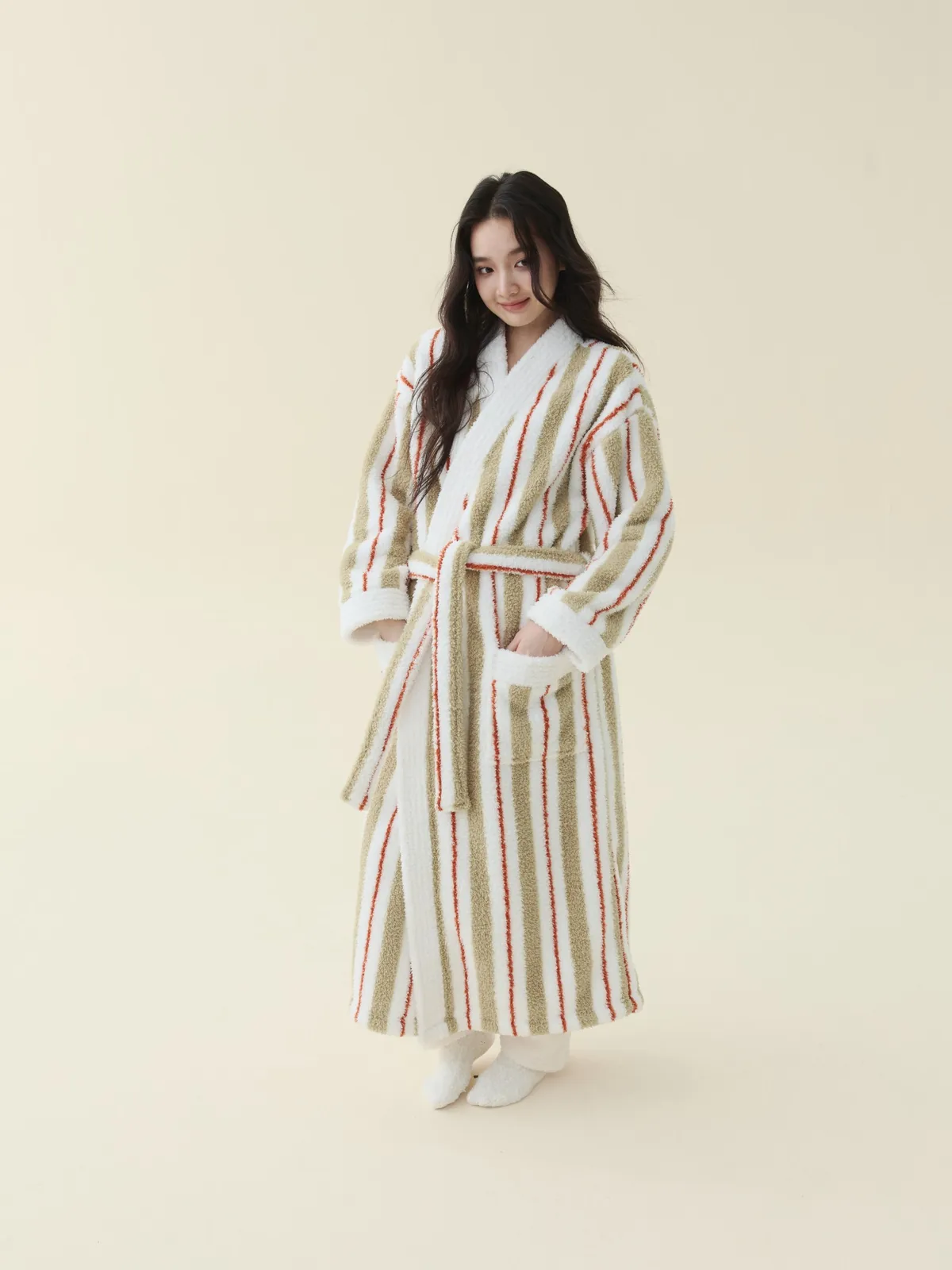 Cream Stripe Kimono Robe, 340 gsm plush fleece, 100% polyester