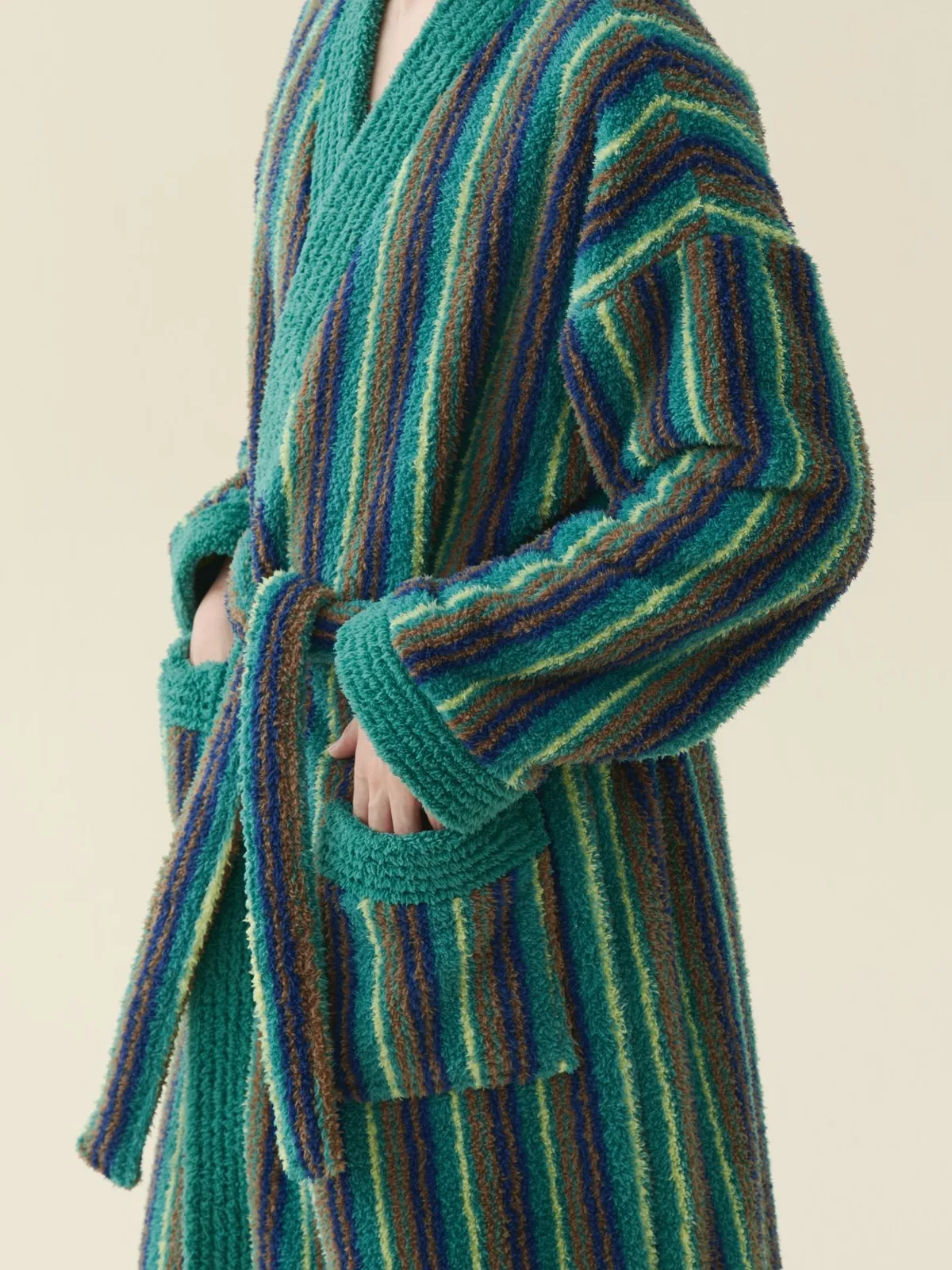 Emerald Stripe Kimono Robe, 340 gsm plush fleece, 100% polyester