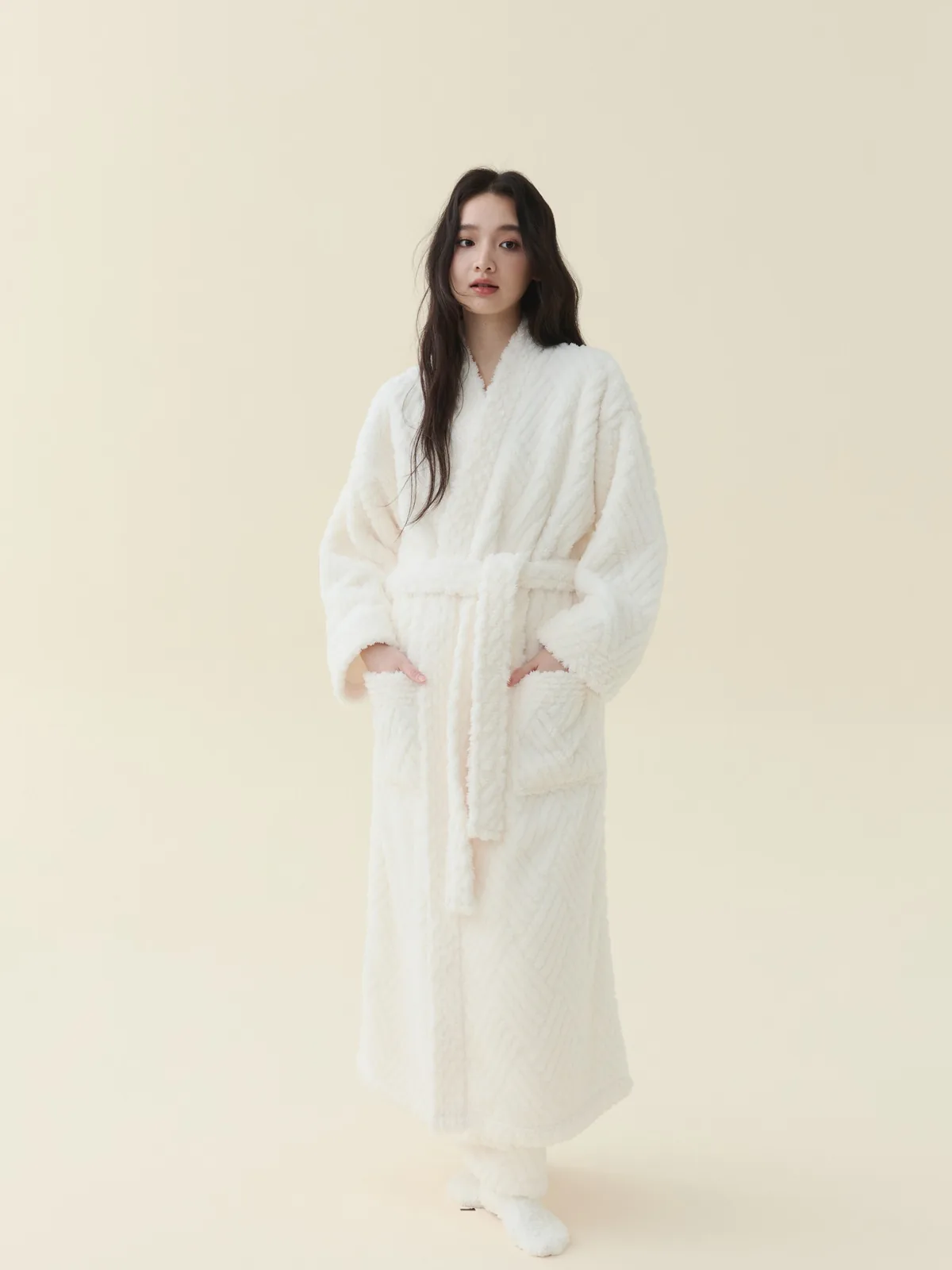 Ivory Jacquard Kimono Robe, 100% polyester jacquard fleece