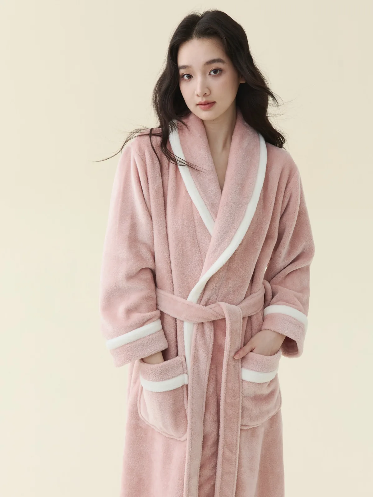 Blush Teddy-Plush Shawl Robe, worn