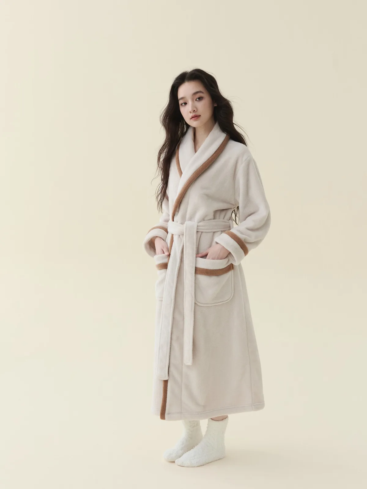 Oat Teddy-Plush Shawl Robe, camel trim on shawl collar and cuffs