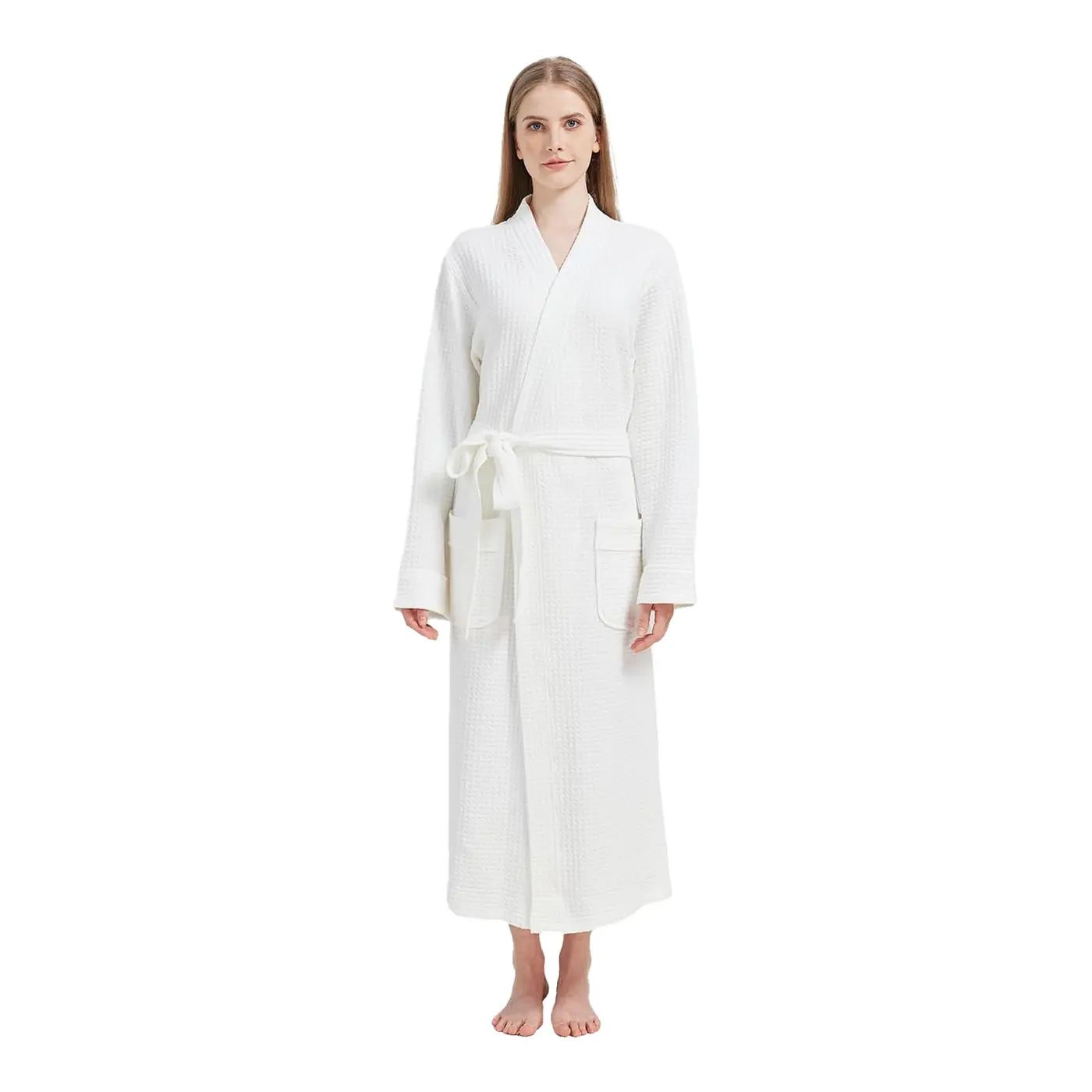 Signature Cotton Waffle Robe in ivory white